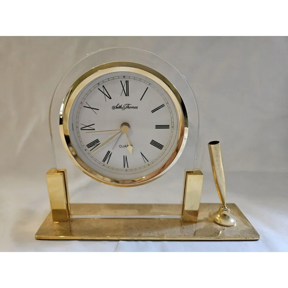 Vintage 1980s Seth Thomas Quartz‎ Brass Desk or Mantle Clock With Pen Holder